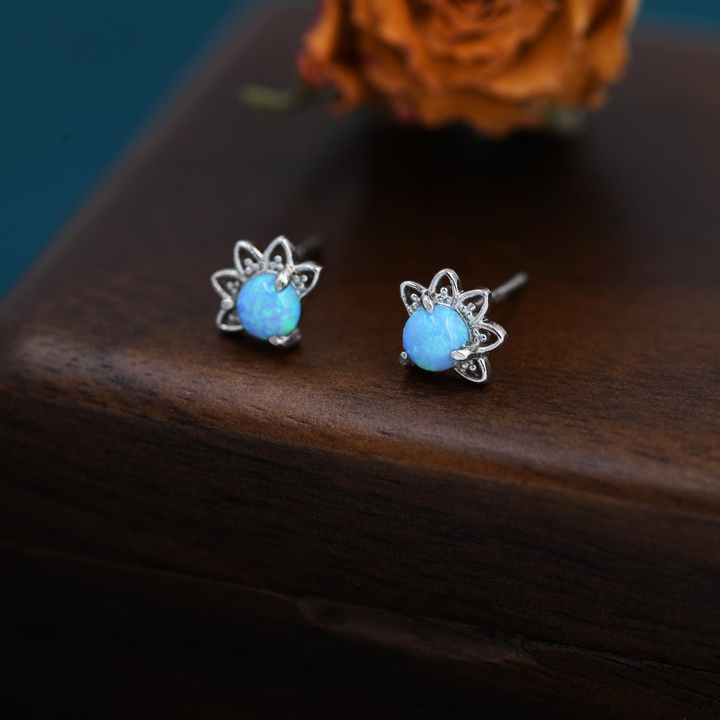 Sterling Silver Blue Opal Crown Stud Earrings, Silver and Gold, Prong Set, Opal Earrings, Lab Opal Lotus Earrings, Minimalist