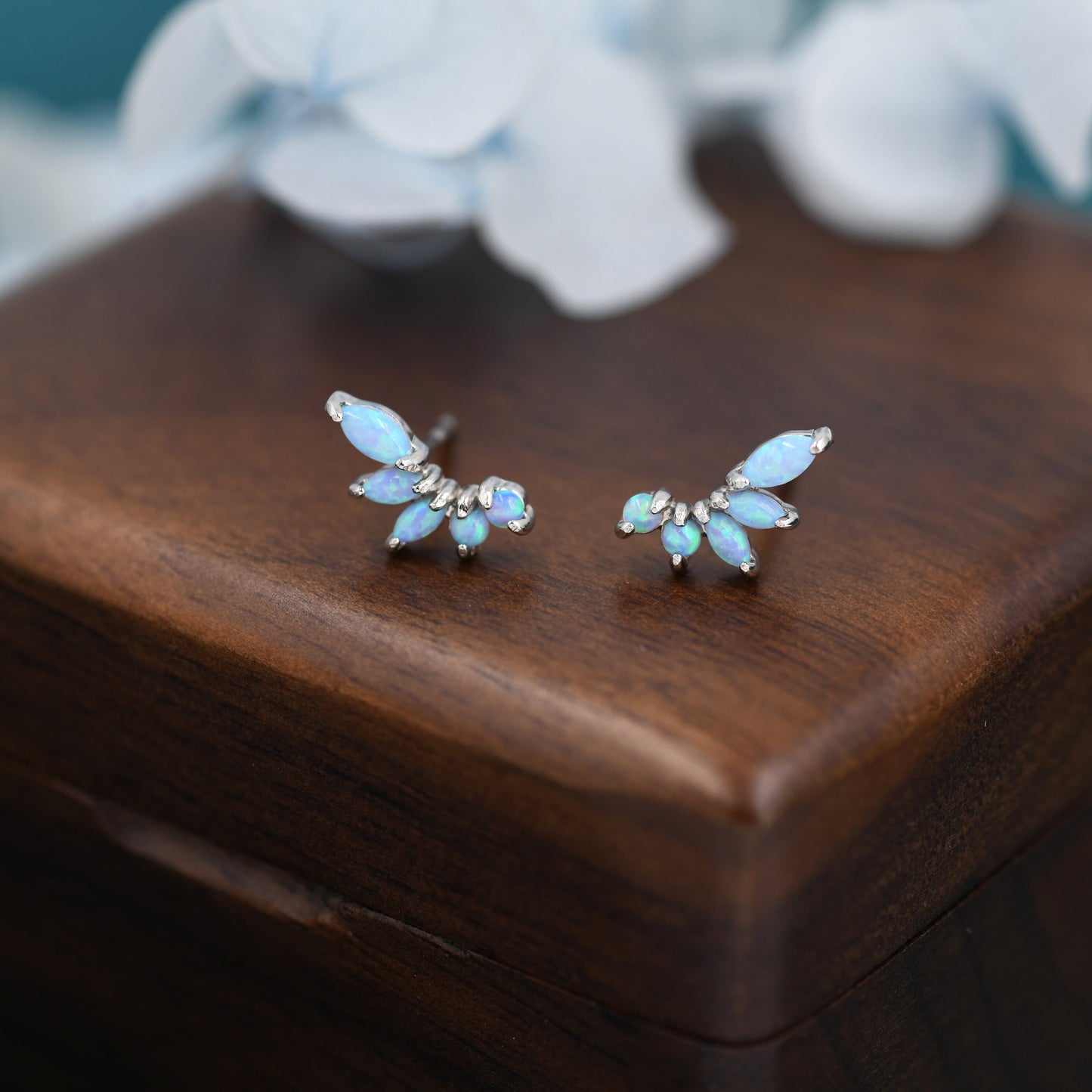 Sterling Silver Blue Opal Marquise Cluster Stud Earrings, Silver and Gold, Blue Opal Earrings, Lab Opal Mini Crawler Earrings, Minimalist