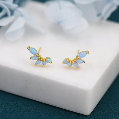 Sterling Silver Blue Opal Marquise Cluster Stud Earrings, Silver and Gold, Blue Opal Earrings, Lab Opal Mini Crawler Earrings, Minimalist