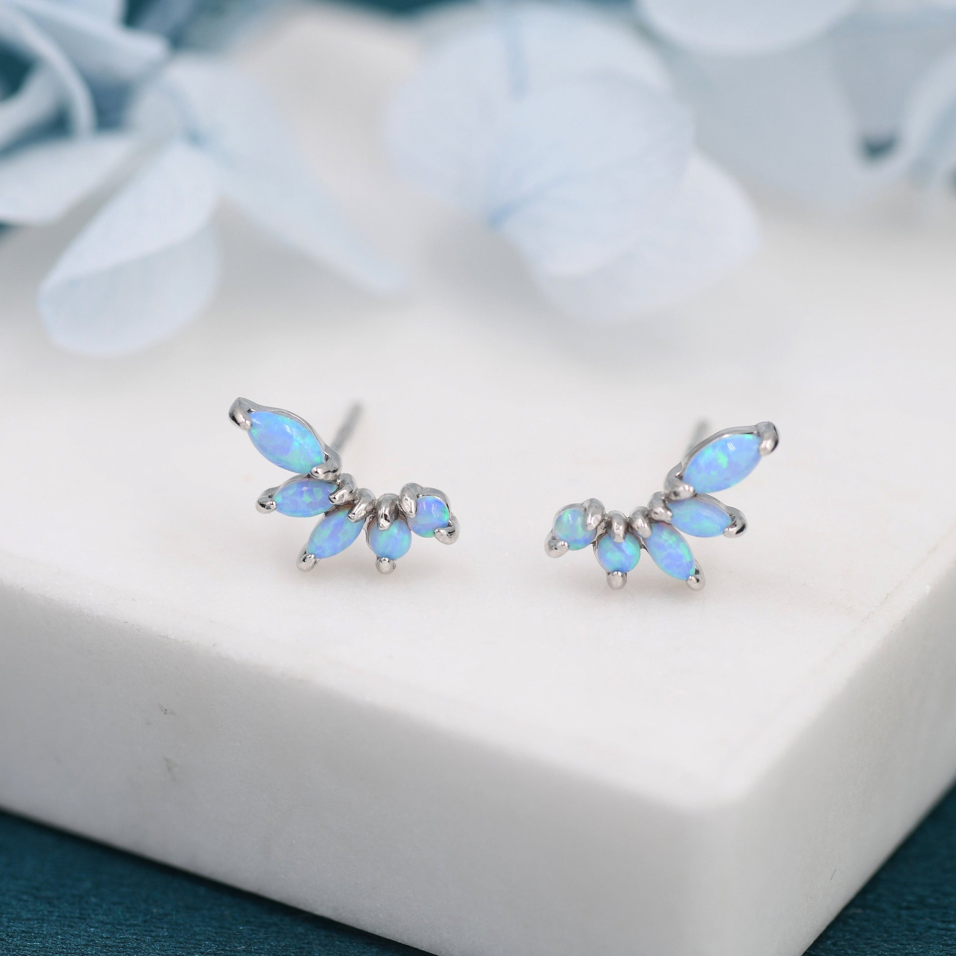 Sterling Silver Blue Opal Marquise Cluster Stud Earrings, Silver and Gold, Blue Opal Earrings, Lab Opal Mini Crawler Earrings, Minimalist