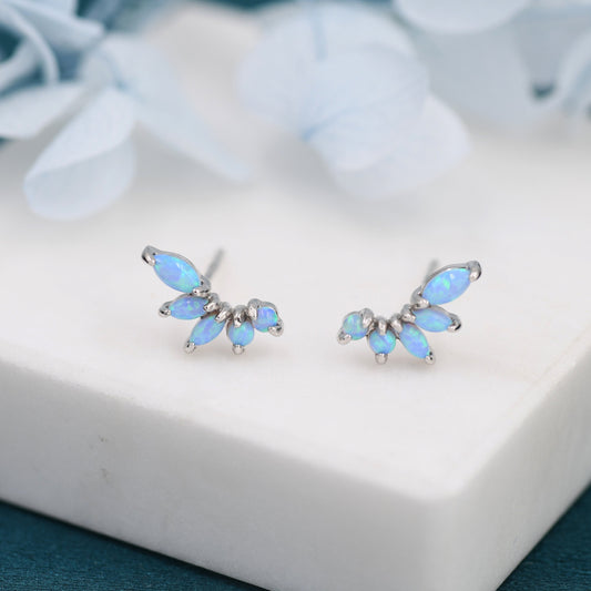 Sterling Silver Blue Opal Marquise Cluster Stud Earrings, Silver and Gold,  Blue Opal Earrings, Lab Opal Mini Crawler Earrings, Minimalist