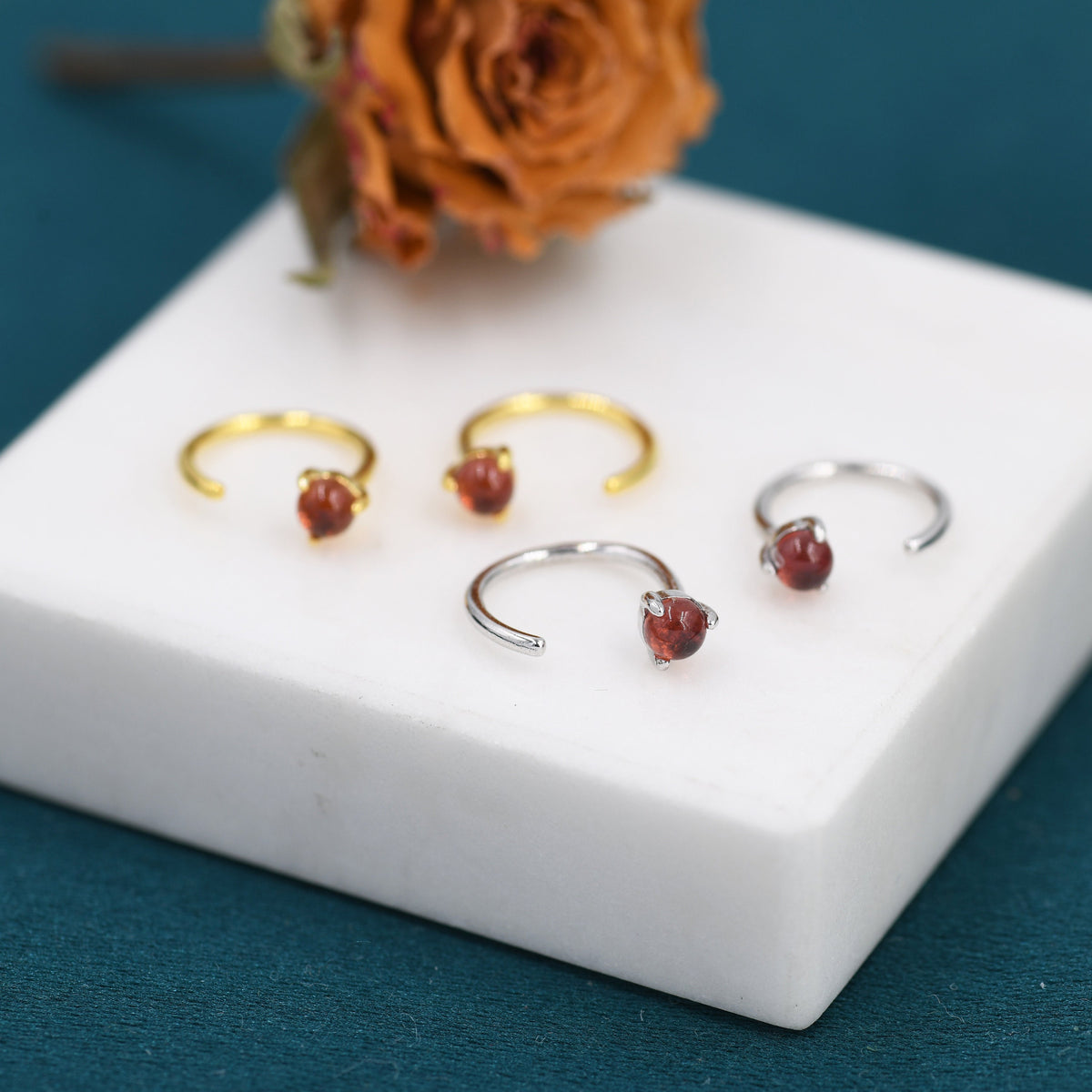 Genuine Garnet Huggie Hoop Earrings in Sterling Silver, 3mm Natural Garnet Open Hoops, Pull Through Threaders, Half Hoops, C Shape Hoops