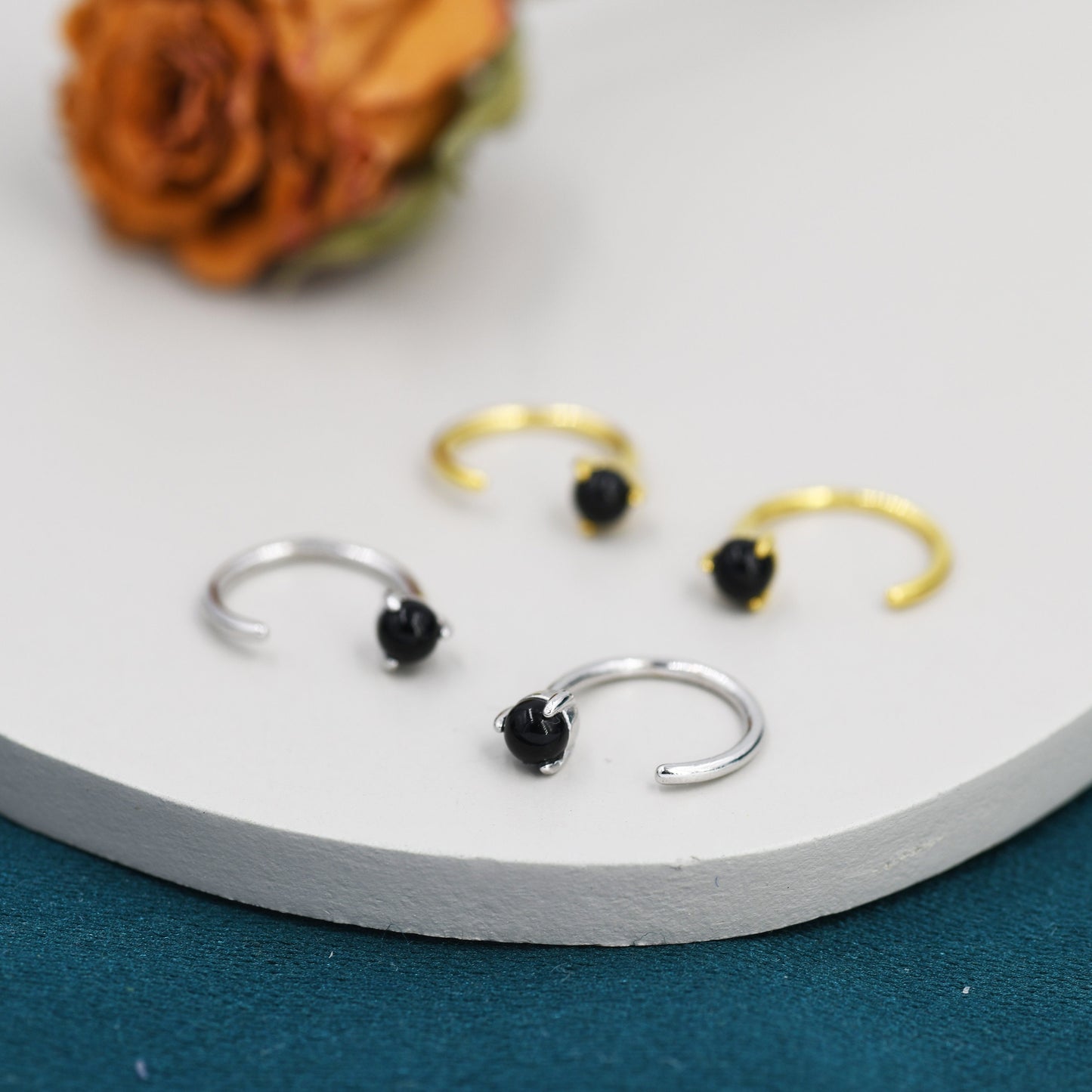 Genuine Black Onyx Huggie Hoop Earrings in Sterling Silver, 3mm Natural Black Onyx Open Hoops, Pull Through Threaders, Half Hoops, C Shape