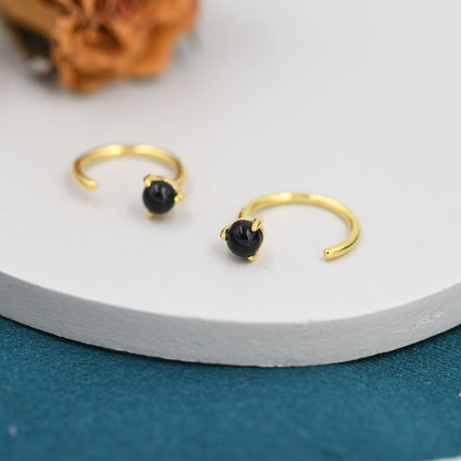 Genuine Black Onyx Huggie Hoop Earrings in Sterling Silver, 3mm Natural Black Onyx Open Hoops, Pull Through Threaders, Half Hoops, C Shape