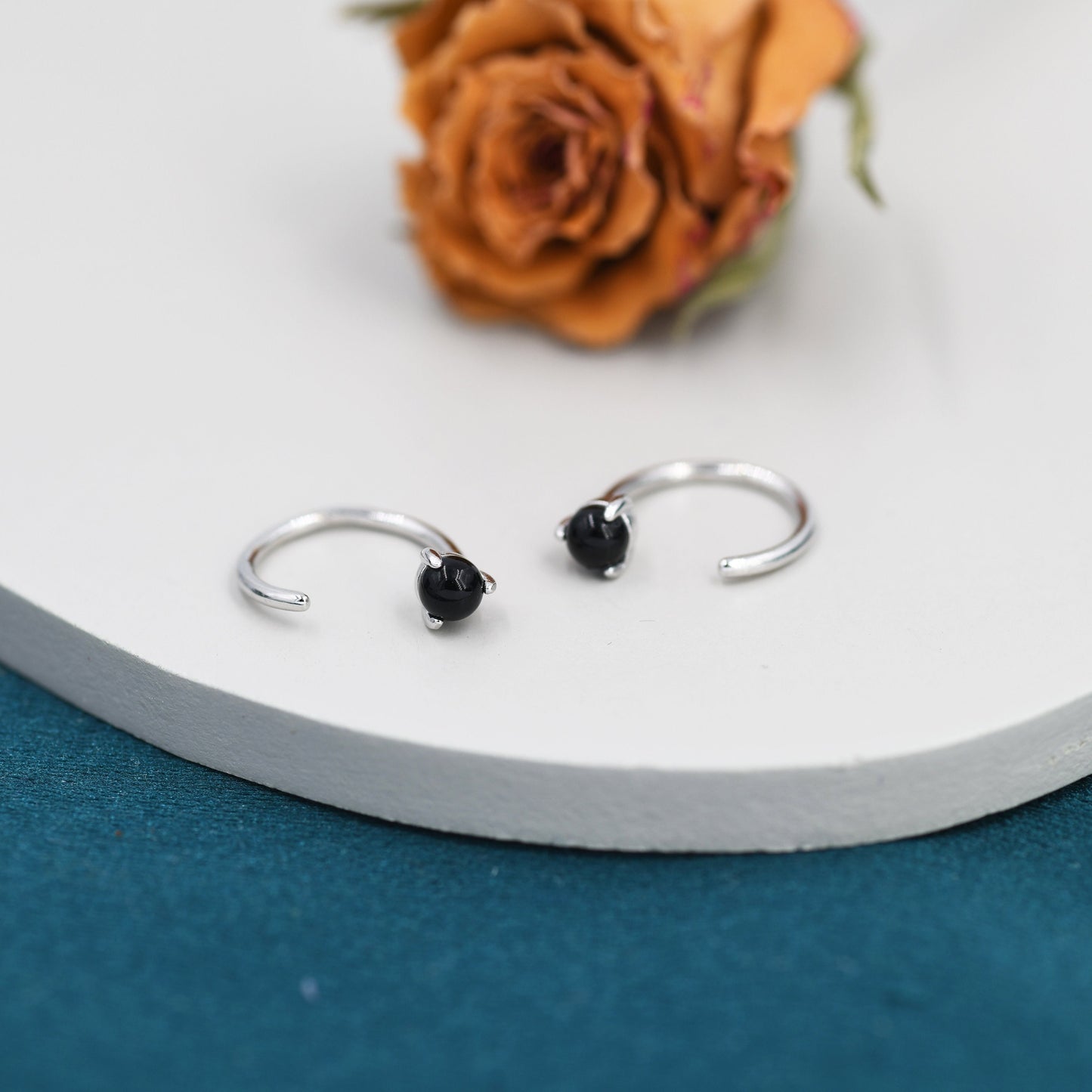 Genuine Black Onyx Huggie Hoop Earrings in Sterling Silver, 3mm Natural Black Onyx Open Hoops, Pull Through Threaders, Half Hoops, C Shape