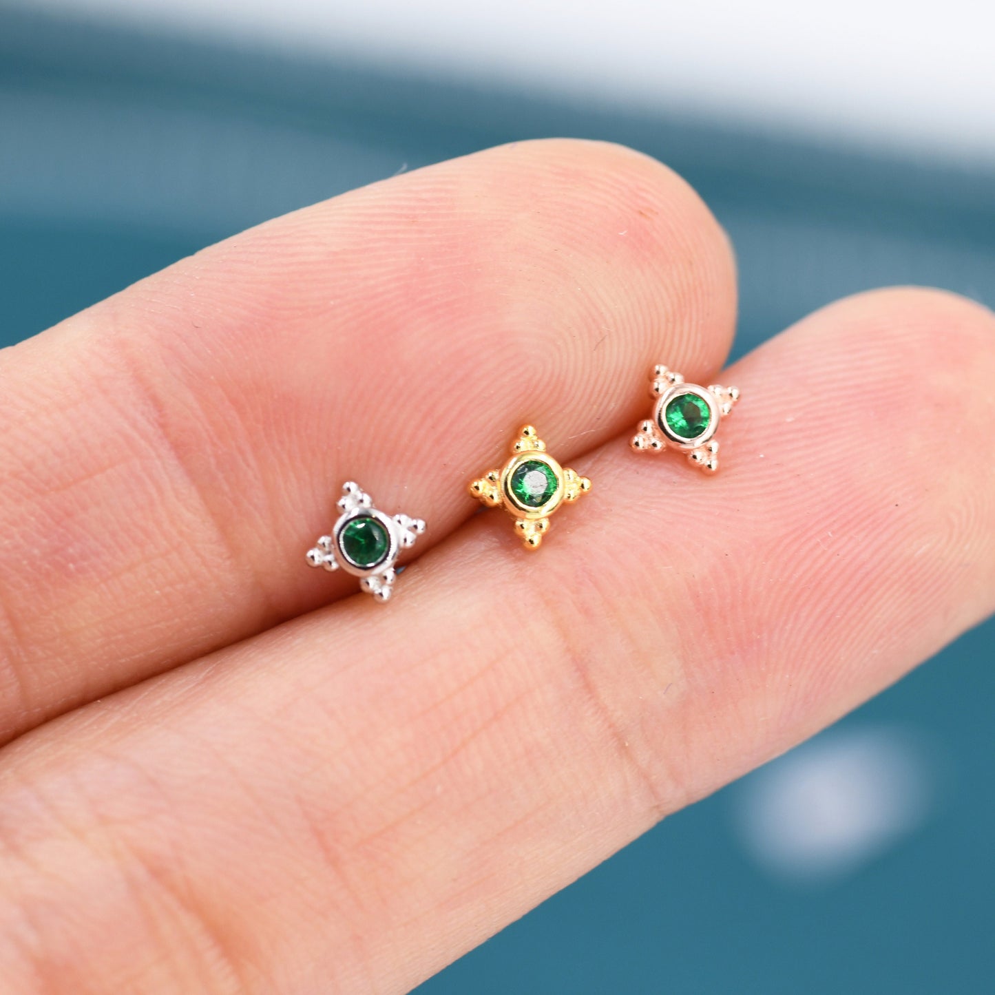 Extra Tiny Dotted Cluster Emerald Green CZ Stud Earrings in Sterling Silver, Gold or Silver or Rose Gold, Four Cluster Earrings