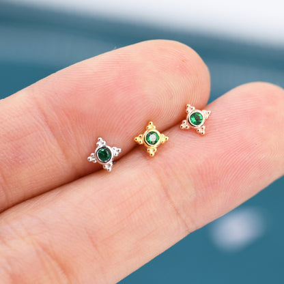 Extra Tiny Dotted Cluster Emerald Green CZ Stud Earrings in Sterling Silver, Gold or Silver or Rose Gold, Four Cluster Earrings