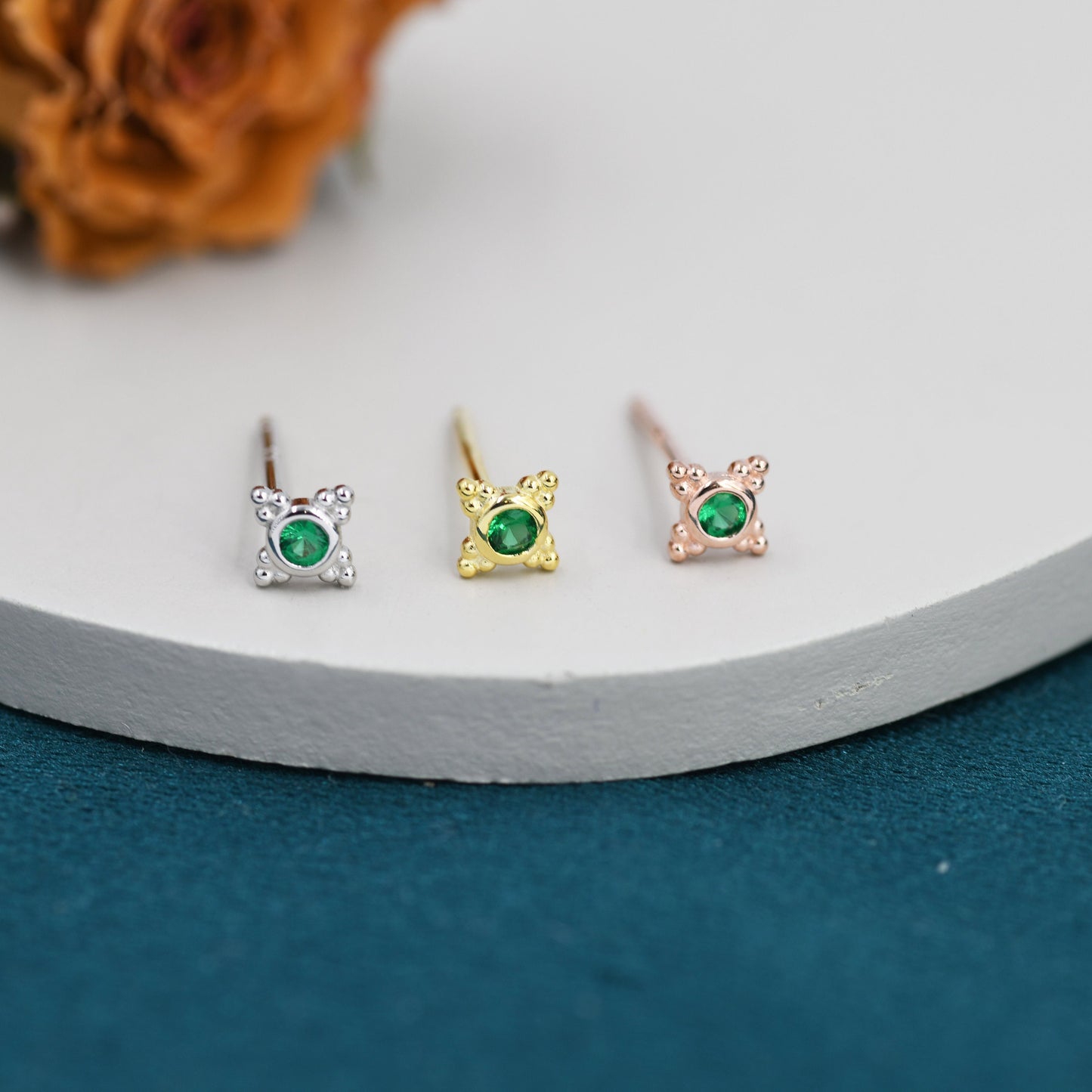 Extra Tiny Dotted Cluster Emerald Green CZ Stud Earrings in Sterling Silver, Gold or Silver or Rose Gold, Four Cluster Earrings