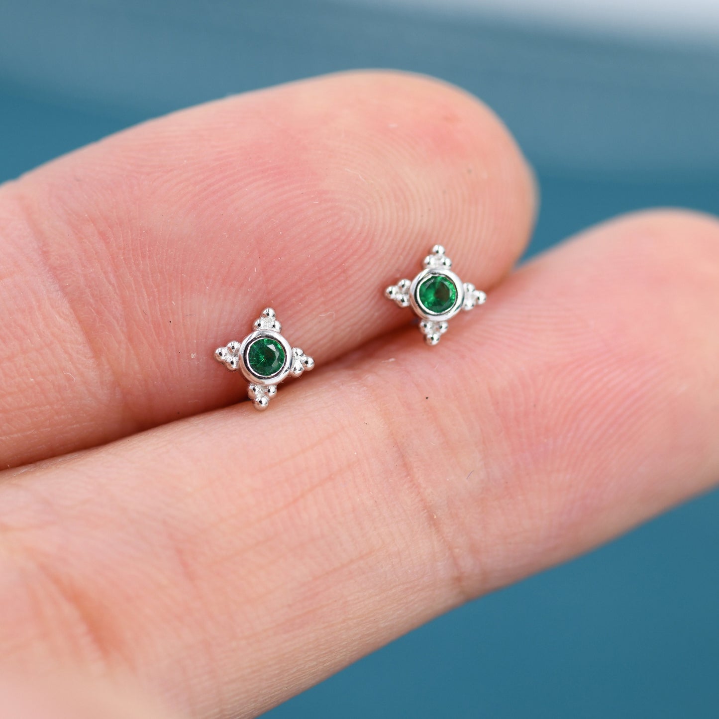 Extra Tiny Dotted Cluster Emerald Green CZ Stud Earrings in Sterling Silver, Gold or Silver or Rose Gold, Four Cluster Earrings