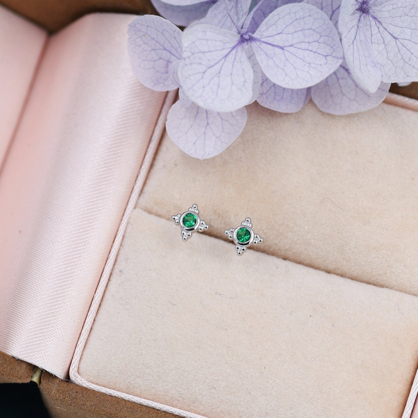 Extra Tiny Dotted Cluster Emerald Green CZ Stud Earrings in Sterling Silver, Gold or Silver or Rose Gold, Four Cluster Earrings