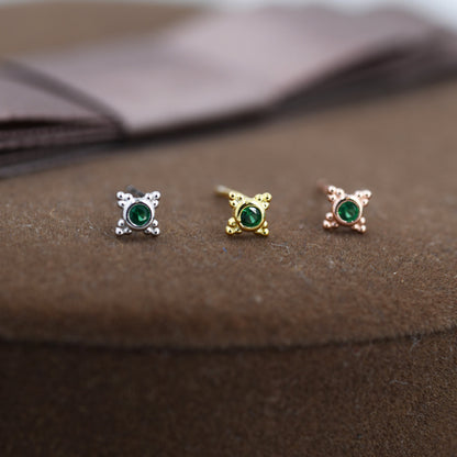 Extra Tiny Dotted Cluster Emerald Green CZ Stud Earrings in Sterling Silver, Gold or Silver or Rose Gold, Four Cluster Earrings