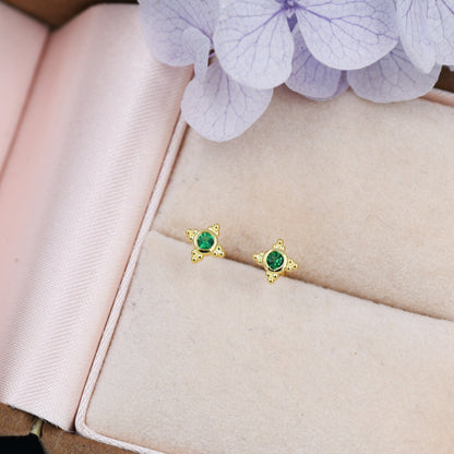 Extra Tiny Dotted Cluster Emerald Green CZ Stud Earrings in Sterling Silver, Gold or Silver or Rose Gold, Four Cluster Earrings