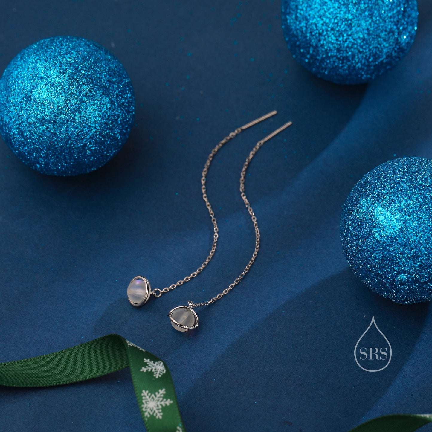 Frosted Moonstone Planet Threader Earrings in Sterling Silver, Silver or Gold, Lab Moonstone Bead Planet Ear Threaders, 9cm long threaders