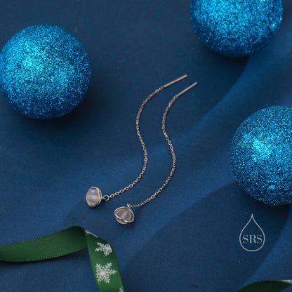 Frosted Moonstone Planet Threader Earrings in Sterling Silver, Silver or Gold, Lab Moonstone Bead Planet Ear Threaders, 9cm long threaders