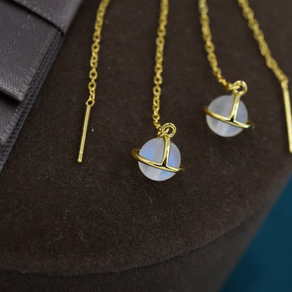 Frosted Moonstone Planet Threader Earrings in Sterling Silver, Silver or Gold, Lab Moonstone Bead Planet Ear Threaders, 9cm long threaders