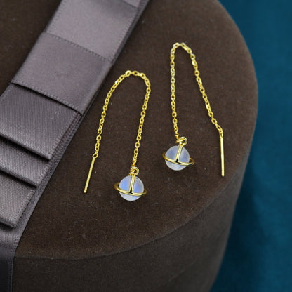 Frosted Moonstone Planet Threader Earrings in Sterling Silver, Silver or Gold, Lab Moonstone Bead Planet Ear Threaders, 9cm long threaders