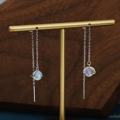 Frosted Moonstone Planet Threader Earrings in Sterling Silver, Silver or Gold, Lab Moonstone Bead Planet Ear Threaders, 9cm long threaders