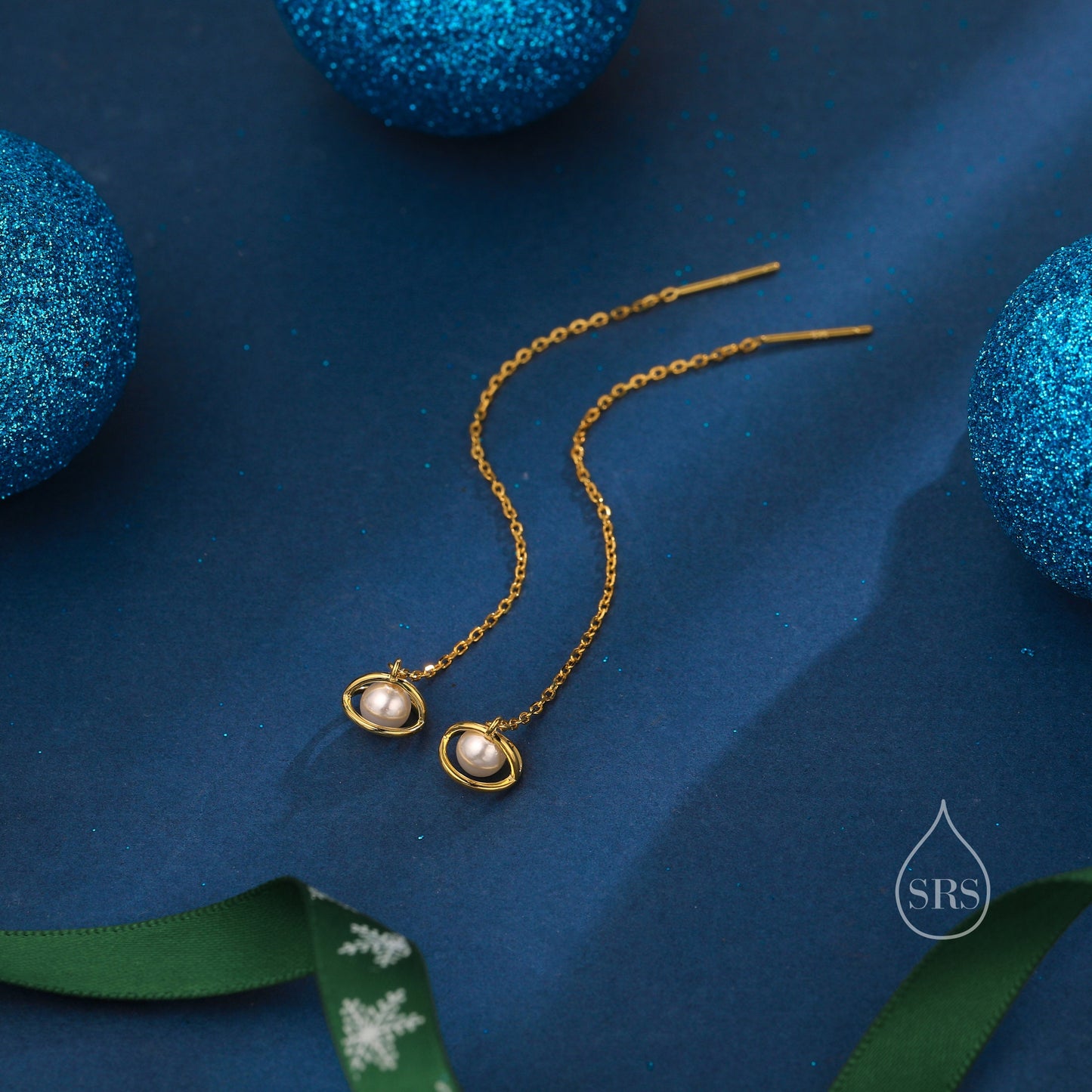 Mother of Pearl Planet Threader Earrings in Sterling Silver, Silver or Gold, Pearl Planet Ear Threaders, 9cm long threaders