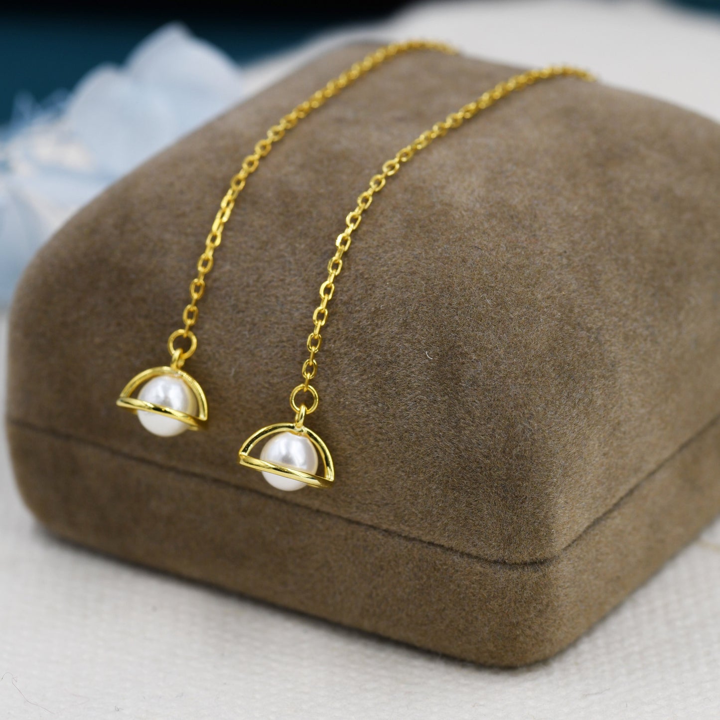 Mother of Pearl Planet Threader Earrings in Sterling Silver, Silver or Gold, Pearl Planet Ear Threaders, 9cm long threaders