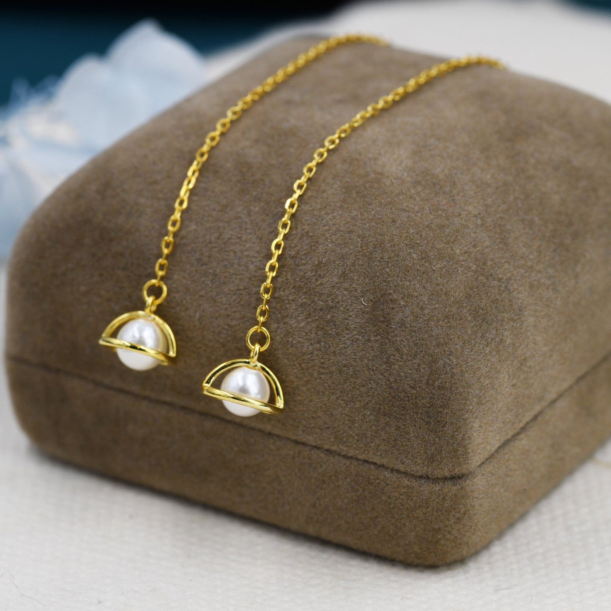 Mother of Pearl Planet Threader Earrings in Sterling Silver, Silver or Gold, Pearl Planet Ear Threaders, 9cm long threaders