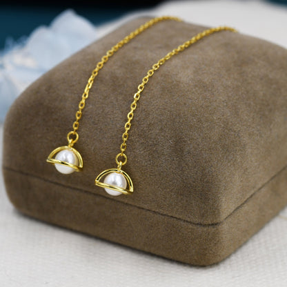 Mother of Pearl Planet Threader Earrings in Sterling Silver, Silver or Gold, Pearl Planet Ear Threaders, 9cm long threaders