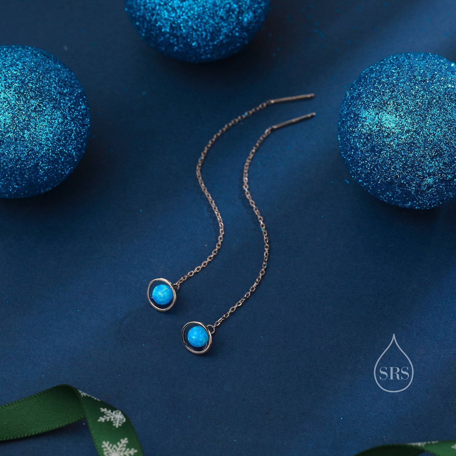 Blue Opal Planet Threader Earrings in Sterling Silver, Silver or Gold, Opal Planet Ear Threaders, 9cm long threaders