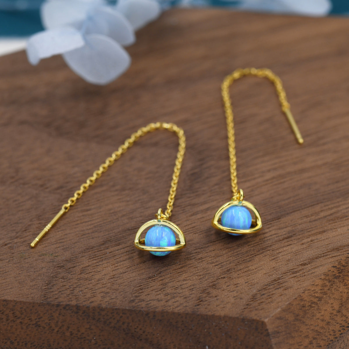 Blue Opal Planet Threader Earrings in Sterling Silver, Silver or Gold, Opal Planet Ear Threaders, 9cm long threaders
