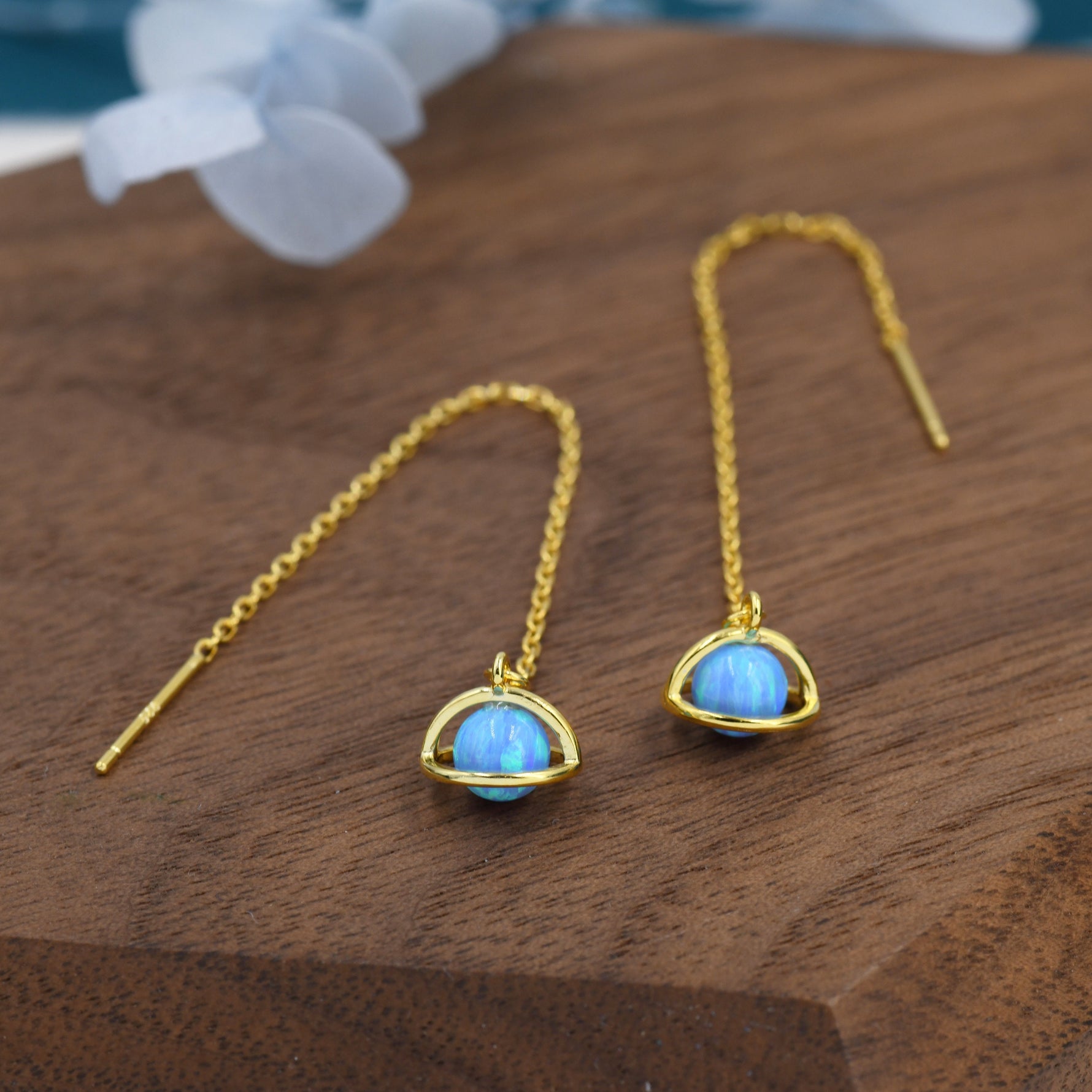 Blue Opal Planet Threader Earrings in Sterling Silver, Silver or Gold, Opal Planet Ear Threaders, 9cm long threaders