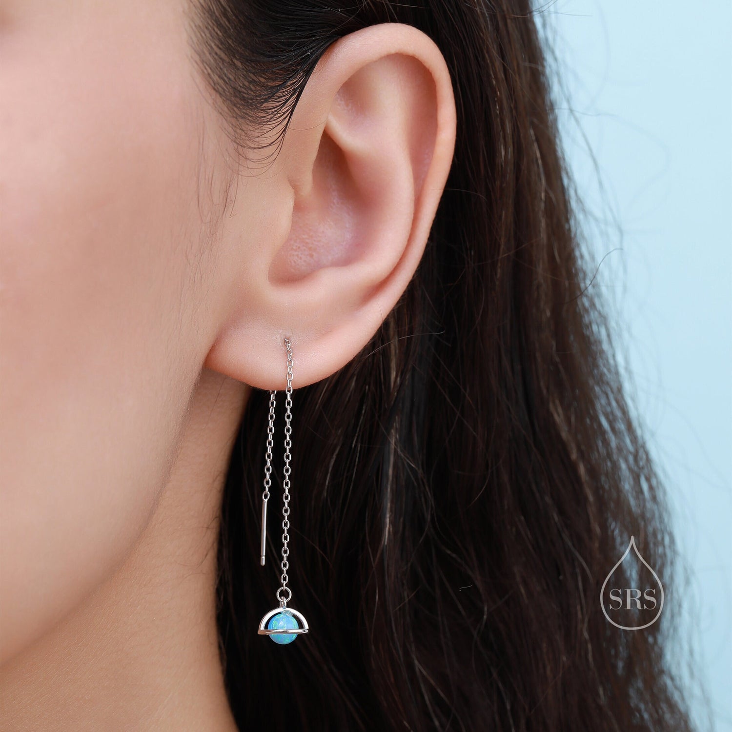 Blue Opal Planet Threader Earrings in Sterling Silver, Silver or Gold, Opal Planet Ear Threaders, 9cm long threaders