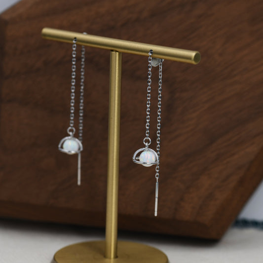 White Opal Planet Threader Earrings in Sterling Silver, Silver or Gold, Opal Planet Ear Threaders, 9cm long threaders