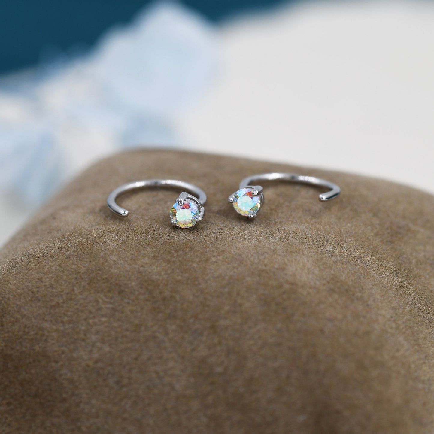 Aurora AB Crystal Tiny CZ Threader Hoop Earrings in Sterling Silver, Silver or Gold, Colour Changing Crystals, Open Hoop Earrings, Huggies