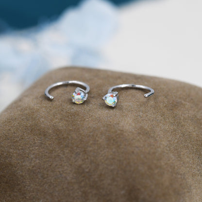 Aurora AB Crystal Tiny CZ Threader Hoop Earrings in Sterling Silver, Silver or Gold, Colour Changing Crystals, Open Hoop Earrings, Huggies