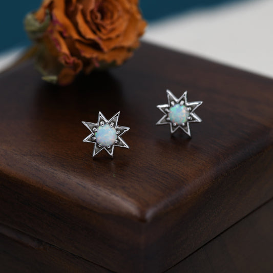 Starburst White Opal Stud Earrings in Sterling Silver, Silver or Gold, Star Opal Earrings, Stacking Earrings