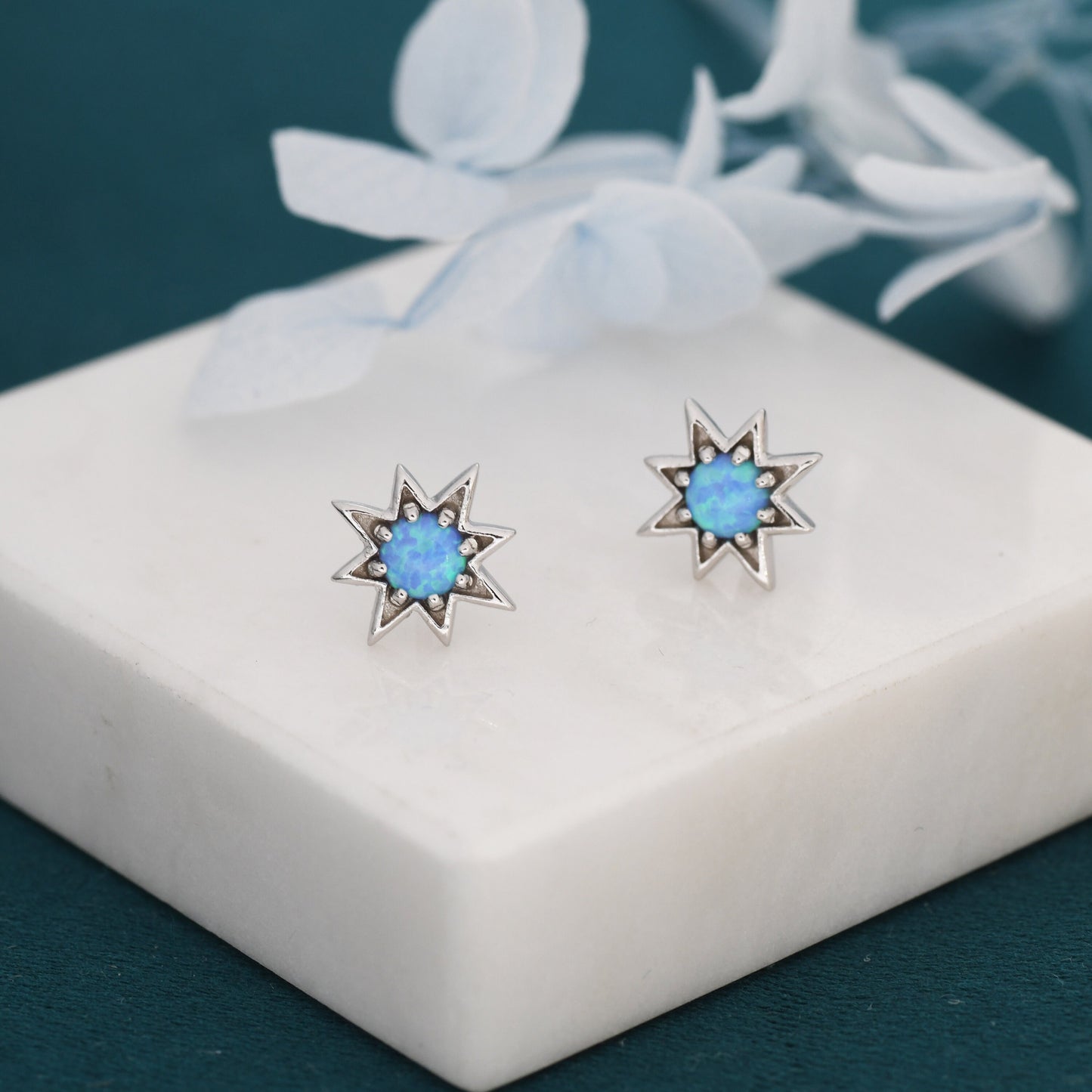 Starburst Blue Opal Stud Earrings in Sterling Silver, Silver or Gold, Star Opal Earrings, Stacking Earrings