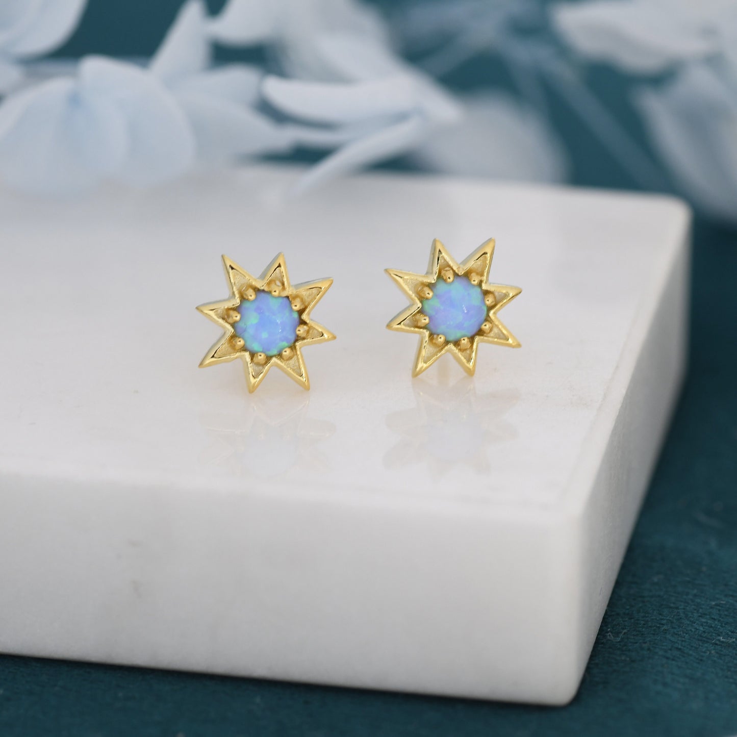 Starburst Blue Opal Stud Earrings in Sterling Silver, Silver or Gold, Star Opal Earrings, Stacking Earrings