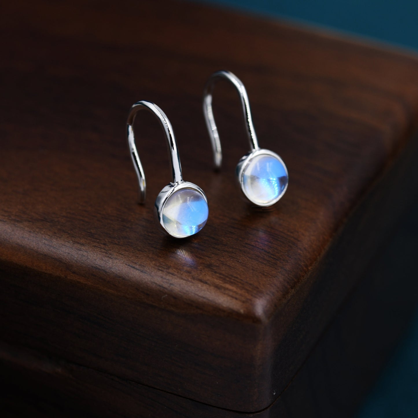 Sterling Silver Simulated Moonstone Drop Earrings in Sterling Silver, Round Mermaid Aurora Crystal, Chunky Pear Shape Hook Earrings