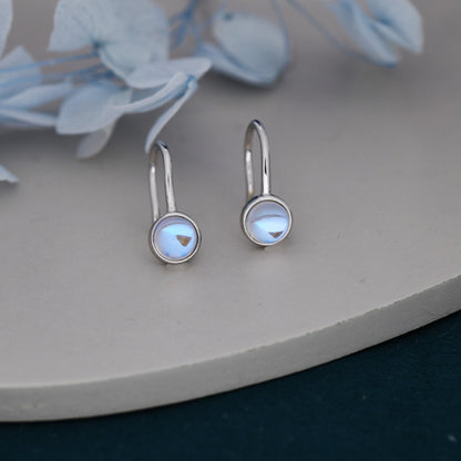 Sterling Silver Simulated Moonstone Drop Earrings in Sterling Silver, Round Mermaid Aurora Crystal, Chunky Pear Shape Hook Earrings