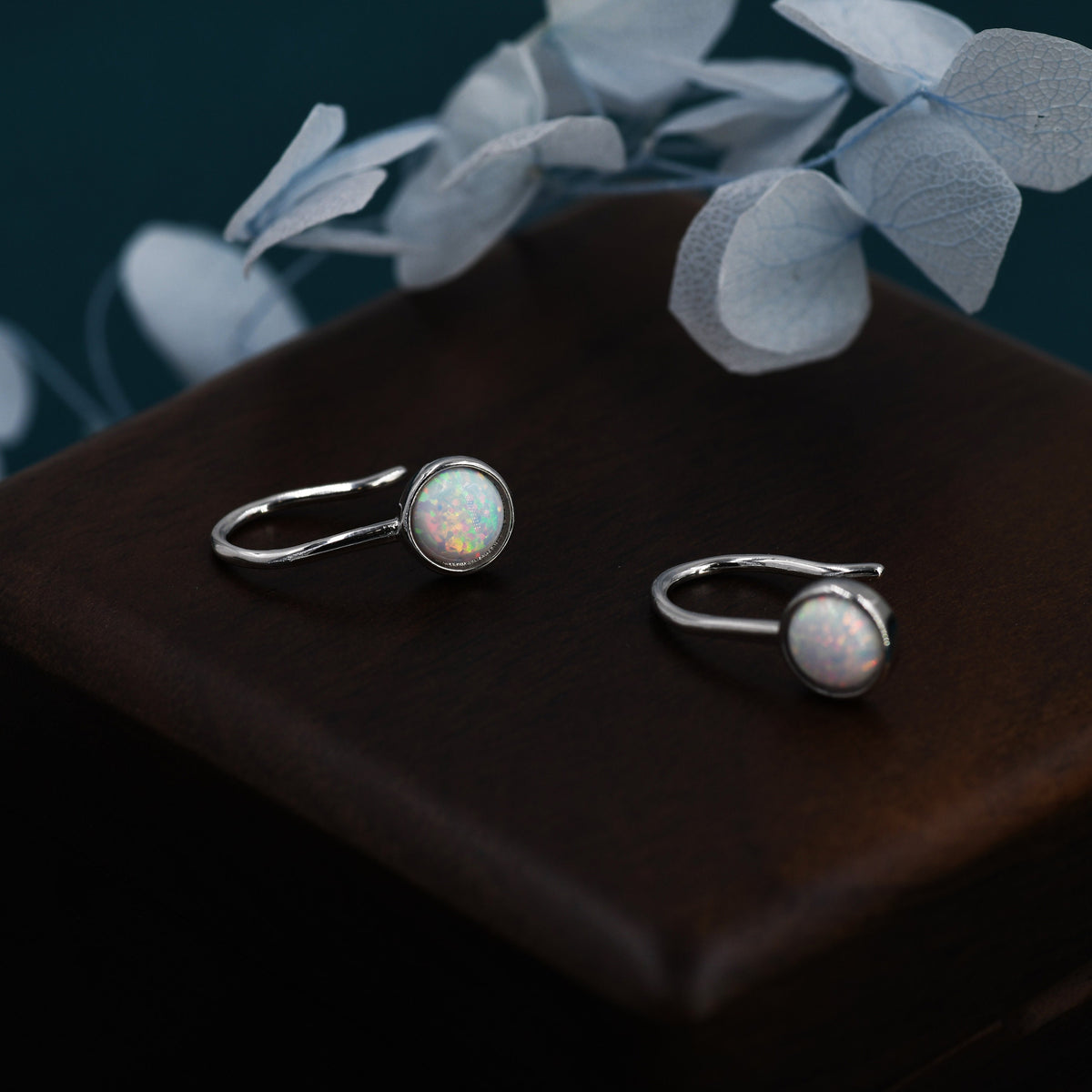Sterling Silver White Opal Drop Earrings in Sterling Silver, Round Fire Opal Hook Earrings, Delicate Opal Earrings, Lab Opal