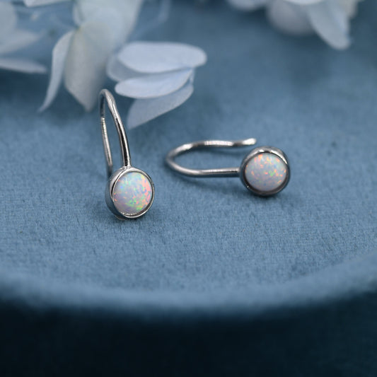 Sterling Silver White Opal Drop Earrings in Sterling Silver, Round Fire Opal Hook Earrings, Delicate Opal Earrings, Lab Opal