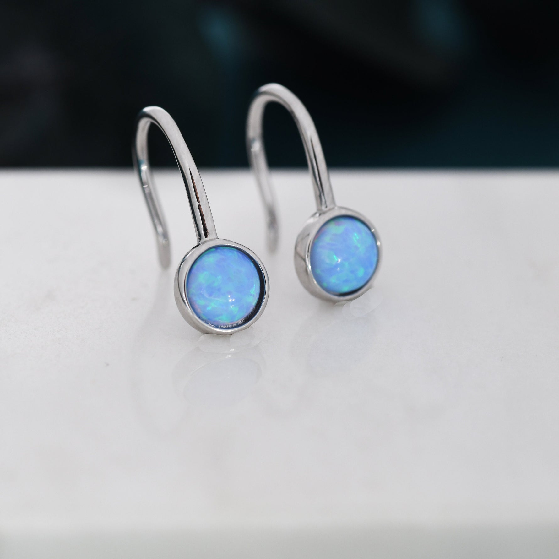 Sterling Silver Blue Opal Drop Earrings in Sterling Silver, Round Blue Opal Hook Earrings, Delicate Opal Earrings, Lab Opal