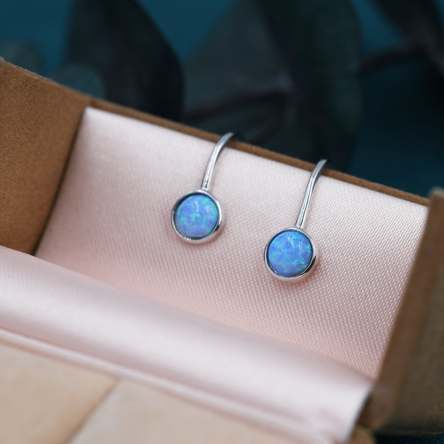 Sterling Silver Blue Opal Drop Earrings in Sterling Silver, Round Blue Opal Hook Earrings, Delicate Opal Earrings, Lab Opal