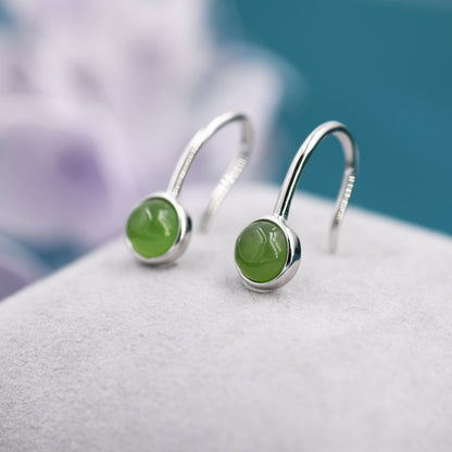 Genuine Jade Drop Earrings in Sterling Silver, Natural Jade Round Hook Earrings, Delicate Jade Earrings, Real Jade Earrings