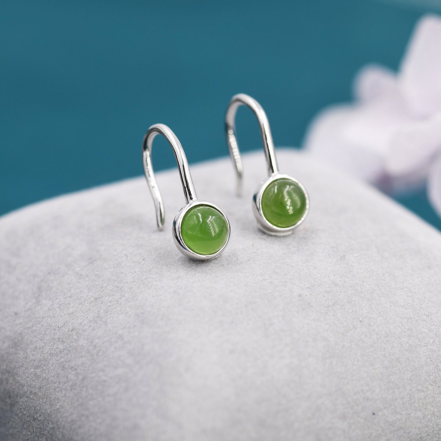 Genuine Jade Drop Earrings in Sterling Silver, Natural Jade Round Hook Earrings, Delicate Jade Earrings, Real Jade Earrings