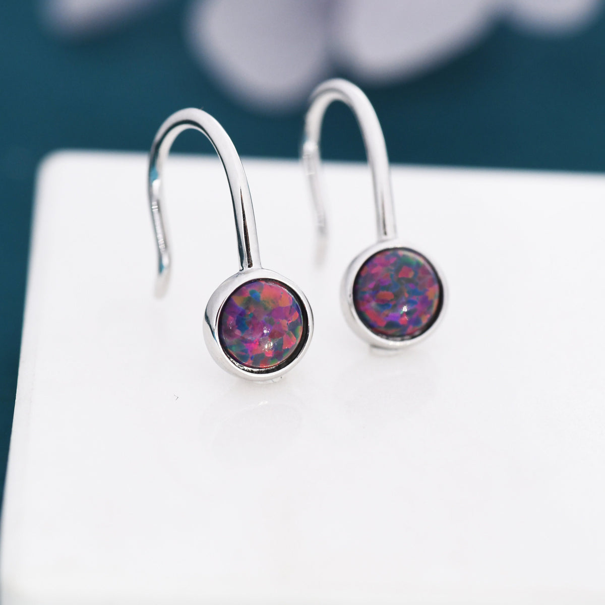 Sterling Silver Purple Opal Drop Earrings in Sterling Silver, Round Purple Opal Hook Earrings, Delicate Opal Earrings, Lab Opal