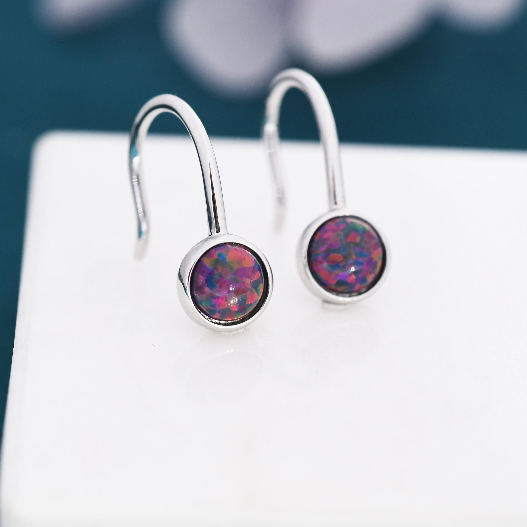 Sterling Silver Purple Opal Drop Earrings in Sterling Silver, Round Purple Opal Hook Earrings, Delicate Opal Earrings, Lab Opal