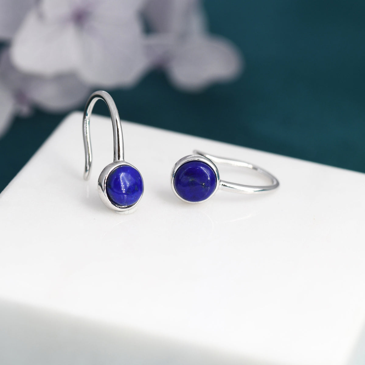 Genuine Lapis Lazuli Drop Earrings in Sterling Silver, Natural Lapis Round Hook Earrings, Delicate Lapis Earrings, Real Lapis Earrings