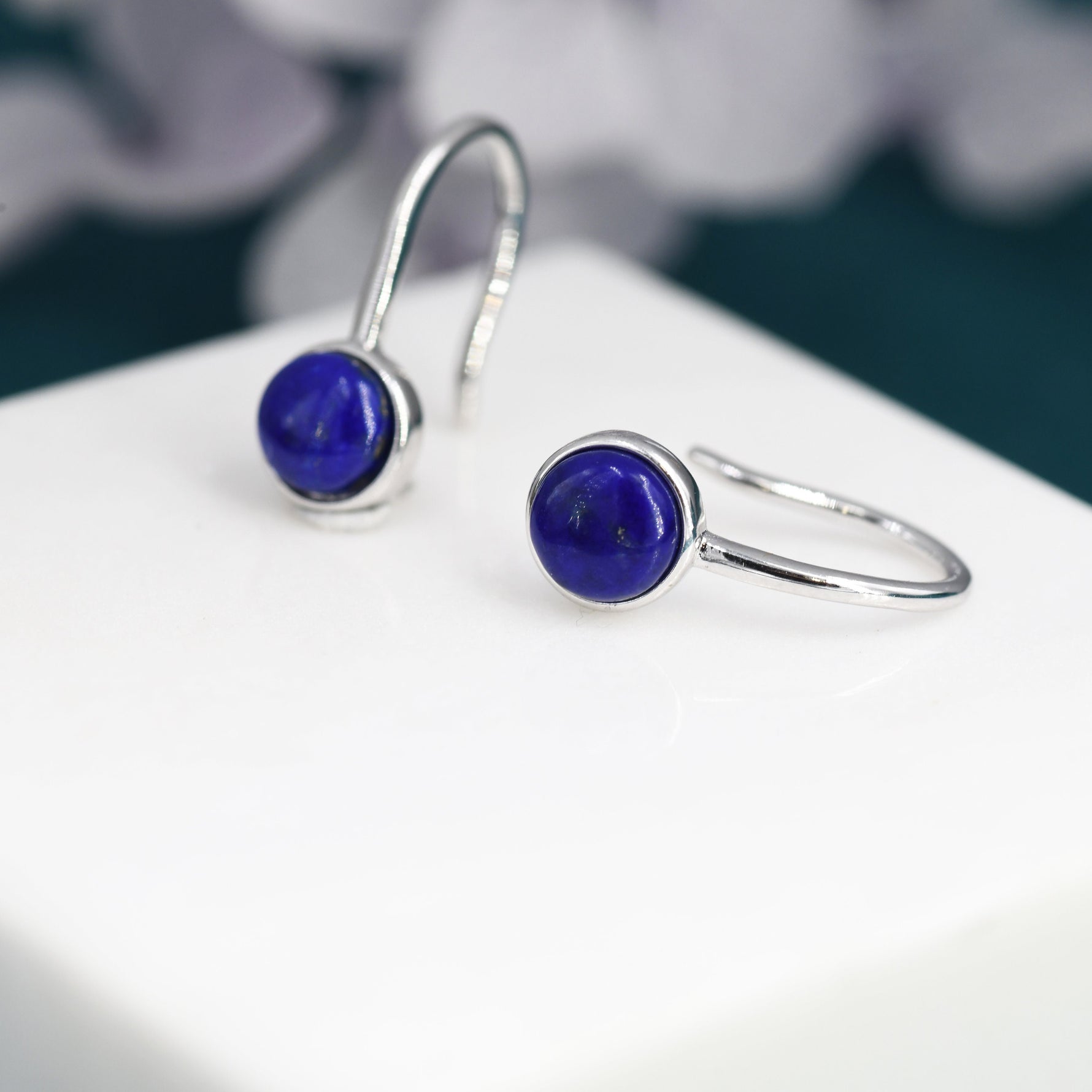 Genuine Lapis Lazuli Drop Earrings in Sterling Silver, Natural Lapis Round Hook Earrings, Delicate Lapis Earrings, Real Lapis Earrings