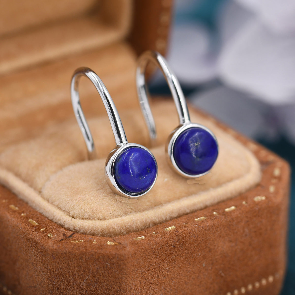 Genuine Lapis Lazuli Drop Earrings in Sterling Silver, Natural Lapis Round Hook Earrings, Delicate Lapis Earrings, Real Lapis Earrings
