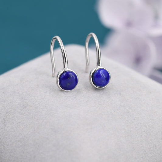 Genuine Lapis Lazuli Drop Earrings in Sterling Silver, Natural Lapis Round Hook Earrings, Delicate Lapis Earrings, Real Lapis Earrings