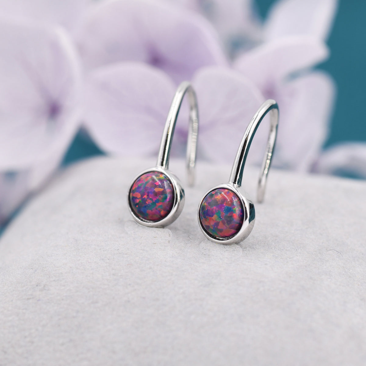 Sterling Silver Purple Opal Drop Earrings in Sterling Silver, Round Purple Opal Hook Earrings, Delicate Opal Earrings, Lab Opal